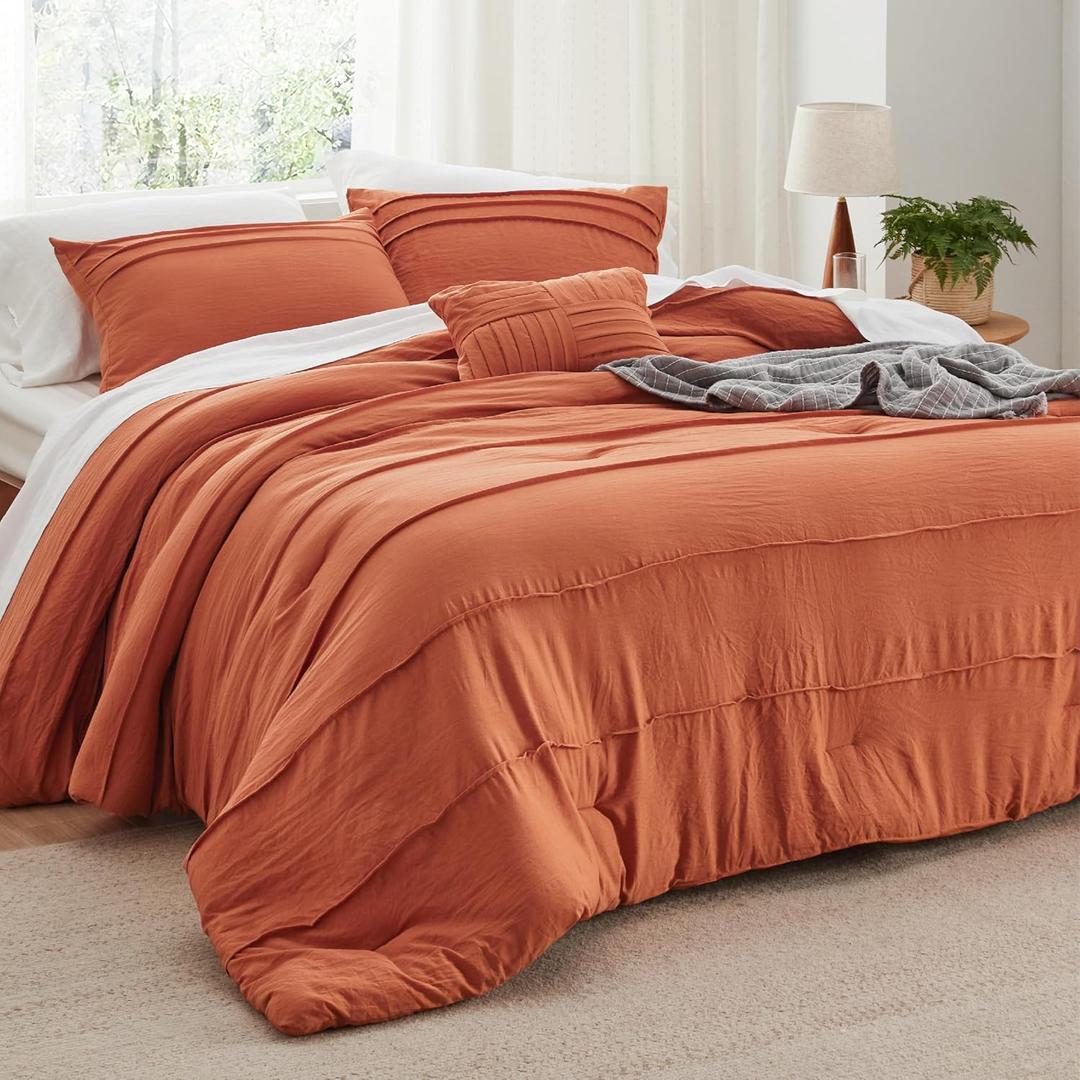 Bedsure Queen Comforter Set - 4 Pieces Pinch Pleat Bed Set, Burnt Orange Boho Bedding for All Season, 1 Soft Comforter, 2 Pillowcases, 1 Decorative Pillow