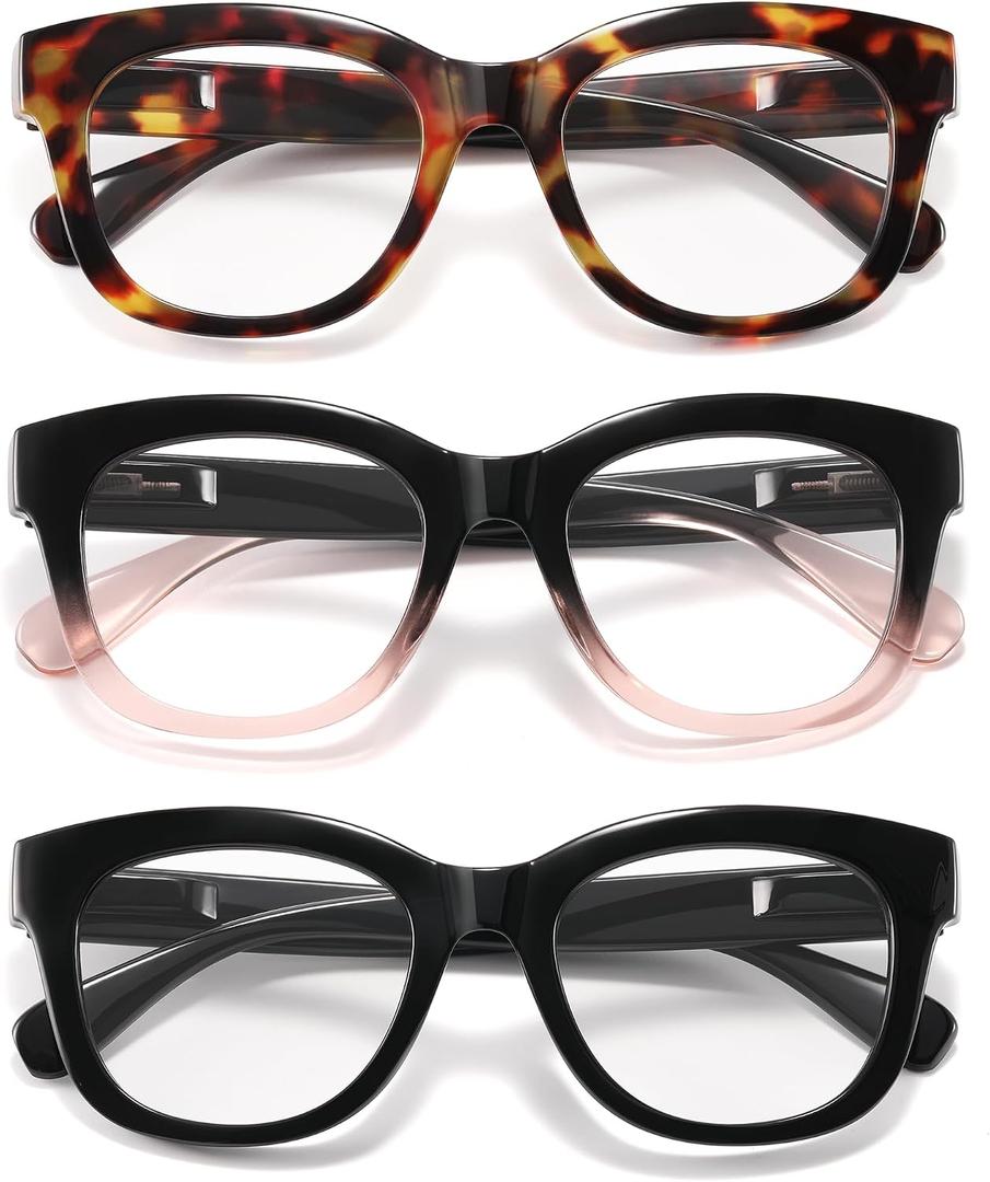 kunchu Reading Glasses for Women - Blue Light Reading Glasses with Spring Hinge, Anti-Glare/Eyestrain Computer Readers (3 Pack, 1.5X)