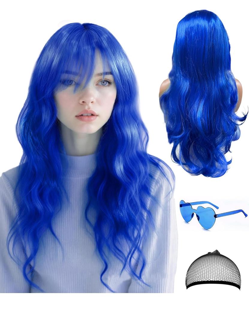 28 Inch/70 cm Blue Wig Long Curly Wig and Party Sunglasses, Cosplay Color Wig with Neon Glasses for Women - Bachelorette Party Wigs Decorations Favors (Blue)
