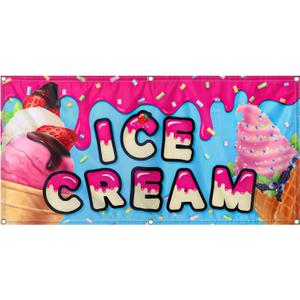Tudomro 2x4 Feet Ice Cream Banner Sign Polyester Fabric Ice Cream Feather Flag for Summer Outdoor Advertisement Business Decor