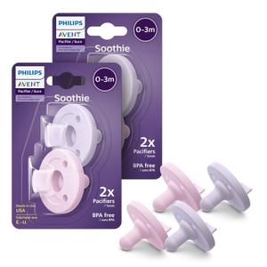 Philips Avent Soothie 0-3 Months Orthodontic Baby Pacifiers, 100% Silicone Pacifiers, One Piece, BPA-Free, 1 Lilac and 1 Pink, 2 Pack, Model SCF190/70 (Lilac/Pastel Pink)