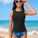 AGAPENG Girls Swimsuit Girls Bathing Suits Size 8-10 Tankini Swimsuit High Neck Swim Tank Top Tropical Print Bottom Kids Bathing Suits Two Piece Swimwear Black