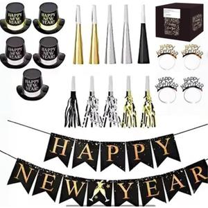 New Years Eve Party Supplies for 10, New Year Eve Celebration, Includes - 21 Pieces, 5 Top Hats, 5 Tiaras, 5 Blowing Horns, 5 Squawkers and 1 Banner