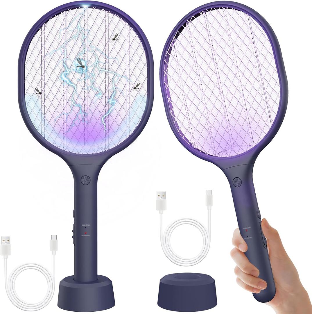 Electric Fly Swatter 2 Pack, 3000V Bug Zapper Racket Fly Zapper with 1500mAh Rechargeable Battery, Indoor Outdoor Fly Trap Mosquito Killer with 3-Layer Safety Mesh for Home, Kitchen, Patio, Camping (Dark-blue)