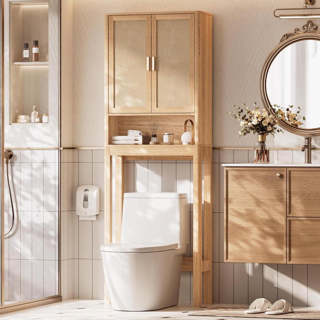 Over the Toilet Storage Cabinet, Bathroom Storage Cabinet with Rattan Doors, Bathroom Cabinet Over Toilet with Adjustable Shelf, Tall Freestanding Over Toilet Bathroom Organizer, Boho Natural Style