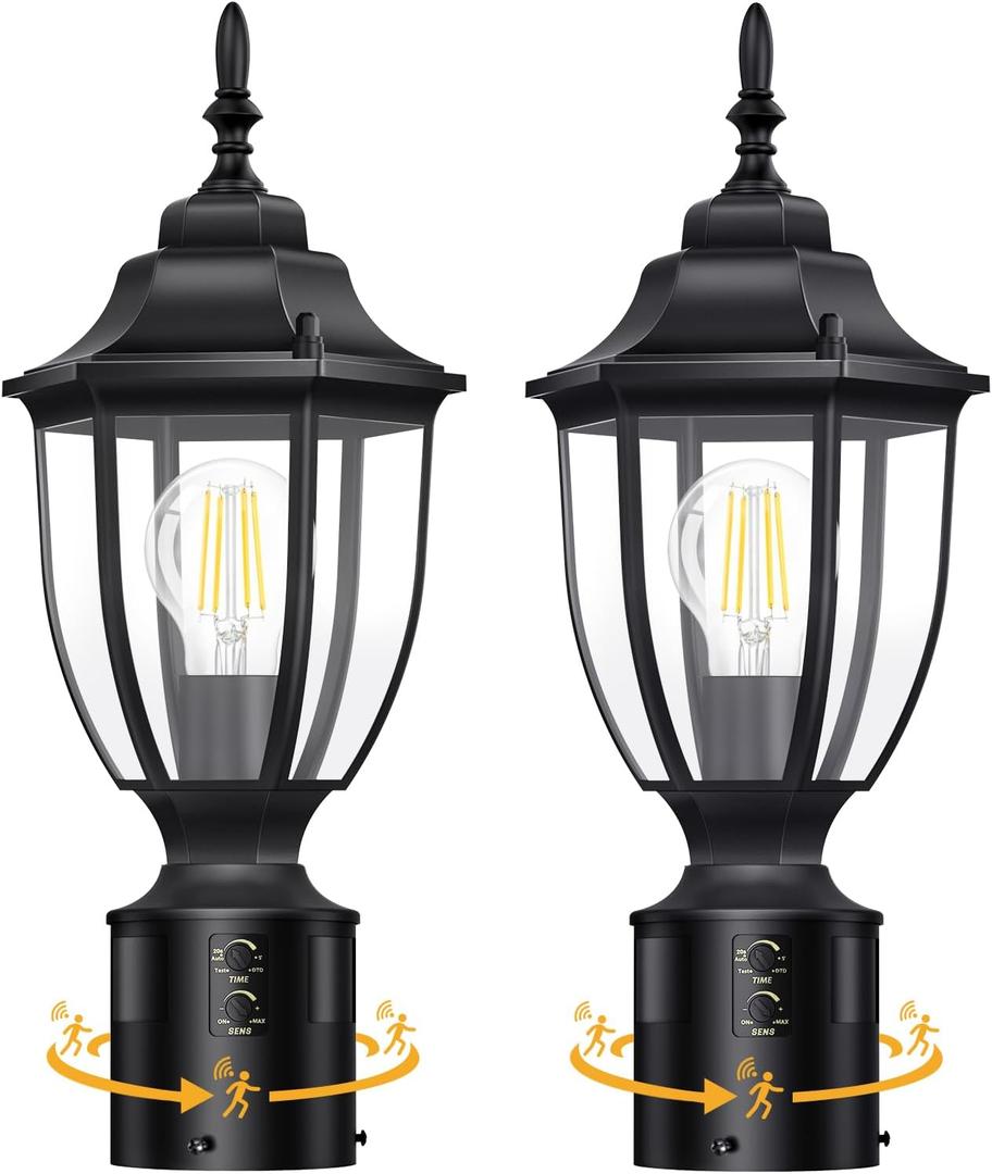 Lamomo Pack of 2 Motion Sensor Outdoor Post Lights, Dusk to Dawn Lamp Post Light Fixture, Waterproof Aluminum Lamp Posts Outdoor Lighting Pole Lantern for Yard Patio Pathway Garden (Black)