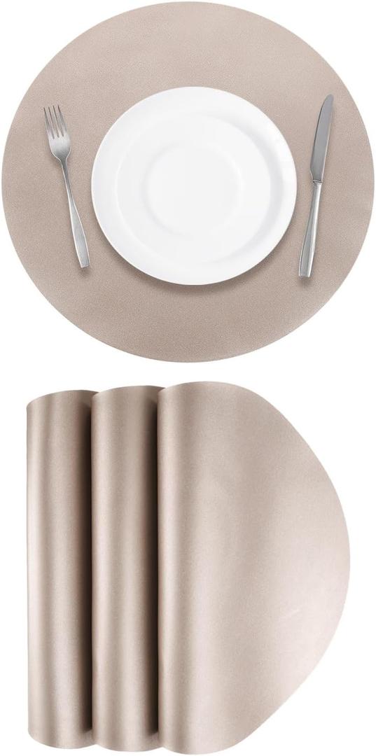 UXcell 4 Pcs Faux Leather Placemats - Round Dinner Table Mats, PU Leather, Heat Resistant, Waterproof, Oil Proof (Champagne)