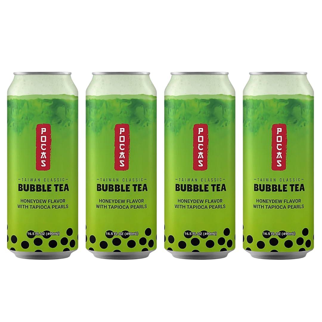 Pocas Bubble Tea with Tapioca Pearls, (Pack of 4, 16.5 oz), Asian Drinks, Refreshing Milk Tea with Boba Pearls (Honeydew) (EXP 04/26/26)