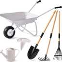 ROBOTIME Kids Wheelbarrow with Gardening Set Metal Wheelbarrow Toddler Outdoor Play Toy with Garden Tools, Watering Can & Plant Labels, Pretend Play Yard Equipment for Boys and Girls (Grayish white)