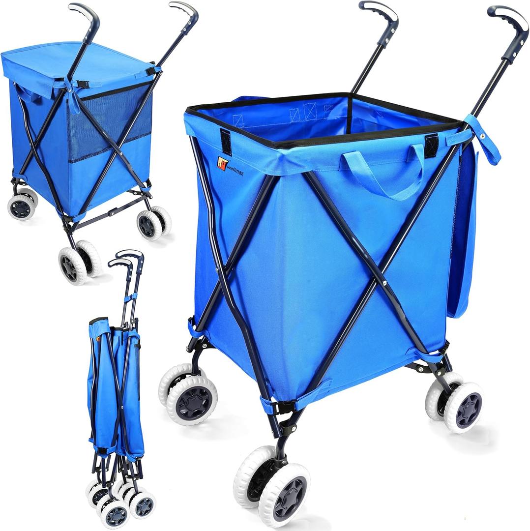 Foldable Shopping Cart with Wheels Wellmax WM99100 Series Grocery Cart on Wheels with Removable Canvas Bag & Cover, Portable Utility Cart for Laundry, Groceries & More Holds 120 lbs (Blue)