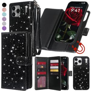 Varikke for iPhone 17 Pro Max Wallet Case Detachable with RFID Blocking Card Holder for Women, Glitter PU Leather Strap Magnetic Flip Removable Phone Case Cover for iPhone 17 Pro Max 6.9", Black