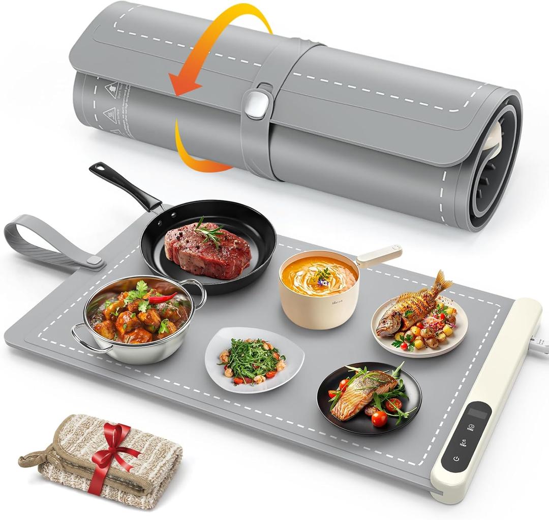 FYY Warming Mat for Food - Rapid and Full Surface Heating, 6 Temp Settings, 6H Timer, Rollable Portable Food Warming Mat, Ideal for Gatherings, Parties, Keep Meal Warm (X Large Size, Gray)