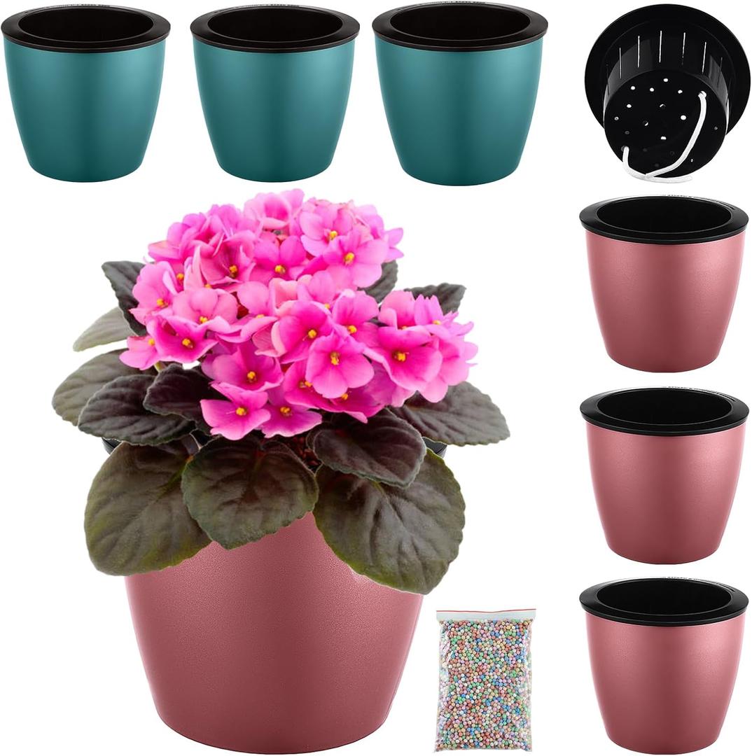 Planterhoma 6.7 Inch Self Watering Pots for Indoor Plants, 6 Packs African Violet Pots, Black Wick Pot with Drainage Holes, Self Watering Planters for Orchid, Devil's Ivy, Blue/Rose Gold