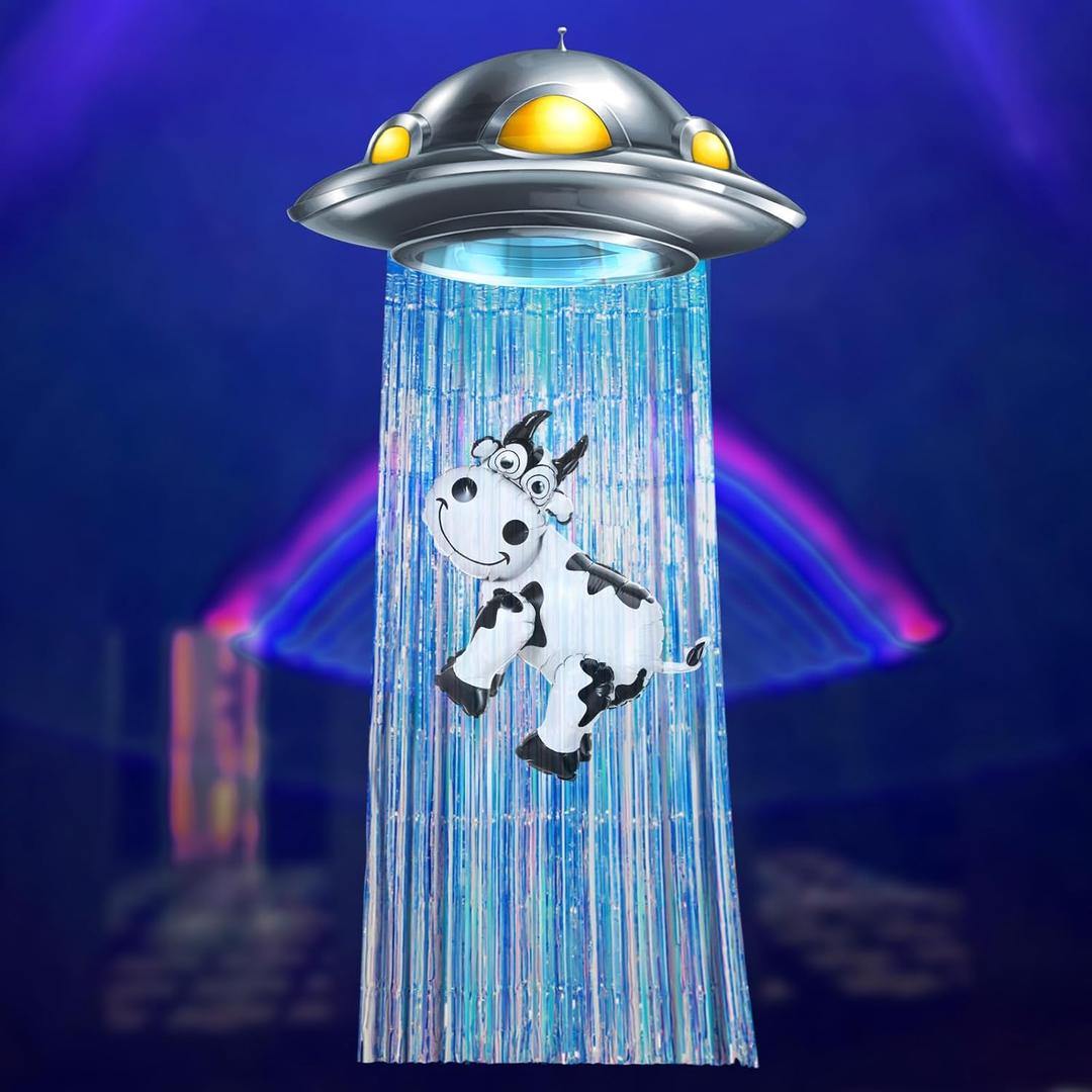 Alien Birthday Party Decorations Golden Blue Door Curtain with Foil Fringe Tinsel Spacecraft Flying Saucer Spaceship Hanging Banner Cow Balloon for Alien Halloween Party