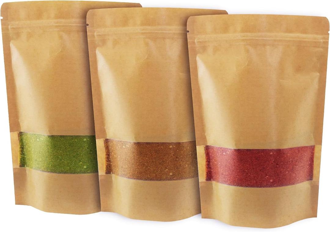 100pcs 5.9 x 8.62 Inch Kraft Stand Up Pouches Zip Lock Food Storage Bags with Matte Window Multipurpose Kraft Paper Bags Reusable, Heat-Sealable