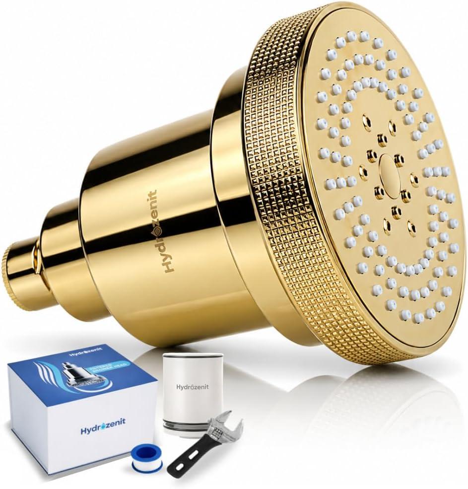HYDROZENIT Filtered Shower Head Gold, 3 Spray Modes - 25-Stage Showerhead Water Softener for Softer Skin & Healthier Hair - High Pressure Rain Shower Head with Filters KDF-55