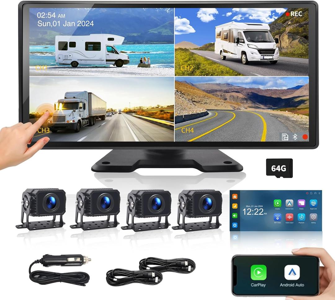 4 Channel Semi Truck Camera System with Apple Carplay & Andriod Auto,10.36 "IPS 360 Camera System for RV/Truck/Trailer/Semi Truck,24H Parking Monitoring,IP69K Waterproof