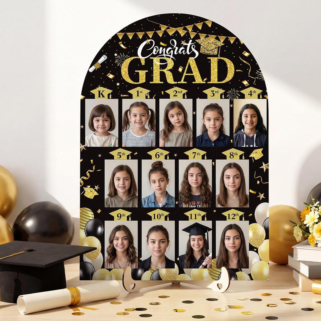 Leinuosen 2026 Graduation Photo Display Kindergarten to 12th Grade Photo Display 12 x 17 Inch School Years Wood Picture Board for Senior High School Graduation Decoration, 2 x 3 Pictures(Black Gold)