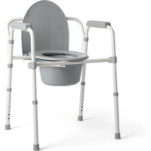 Medline 3-in-1 Steel Bedside Commode, Standard Seat, Sturdy Folding Frame, 7.5 QT. Bucket, 350 lb. Weight Capacity, Clip-on Seat, Easy Cleaning, Tool-Free Assembly, Gray
