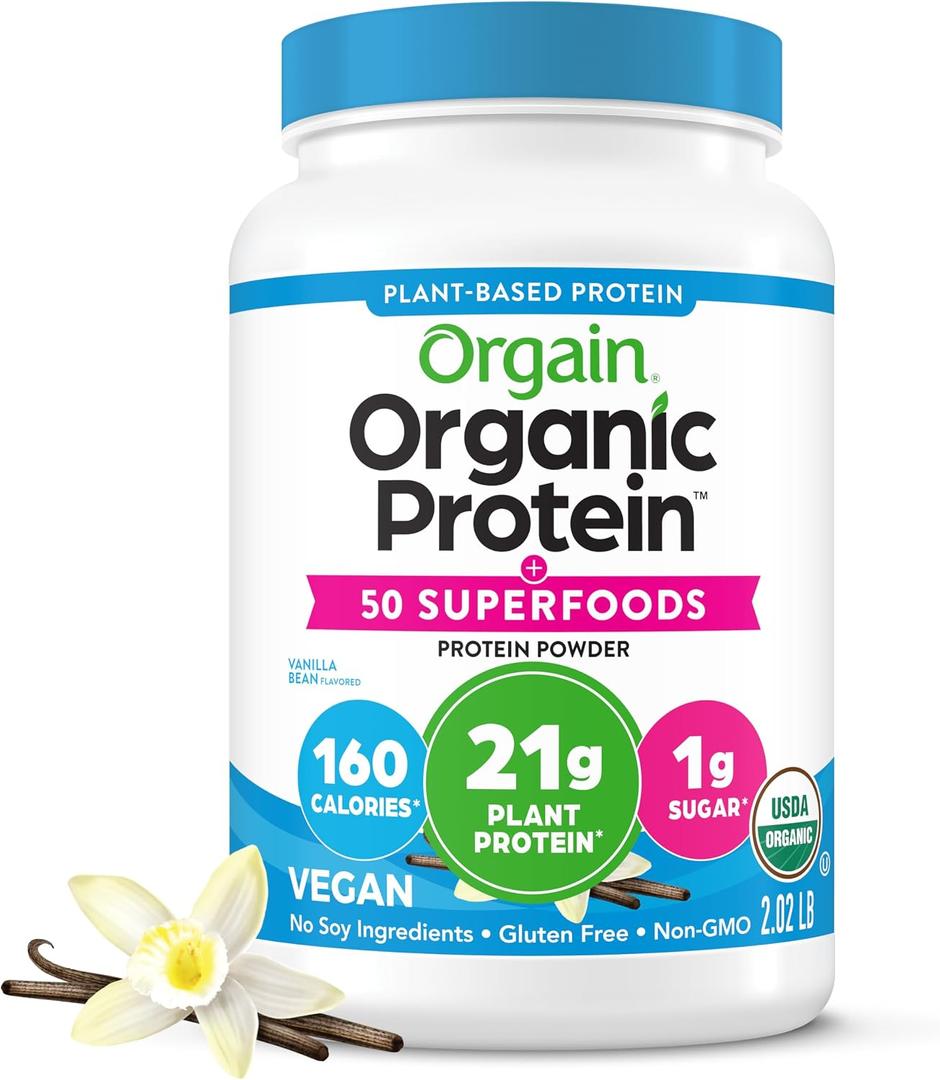Orgain Organic Vegan Protein + 50 Superfoods Powder, Vanilla Bean - 21g Plant Based Protein, 8g Prebiotic Fiber, No Lactose Ingredients, Gluten Free, No Added Sugar, Non-GMO, 2.02 lb (EXP 02/01/27)