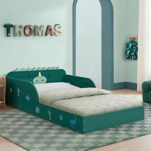 Delta Children Dino Wood Floor Toddler Bed with Reusable Stickers, Green