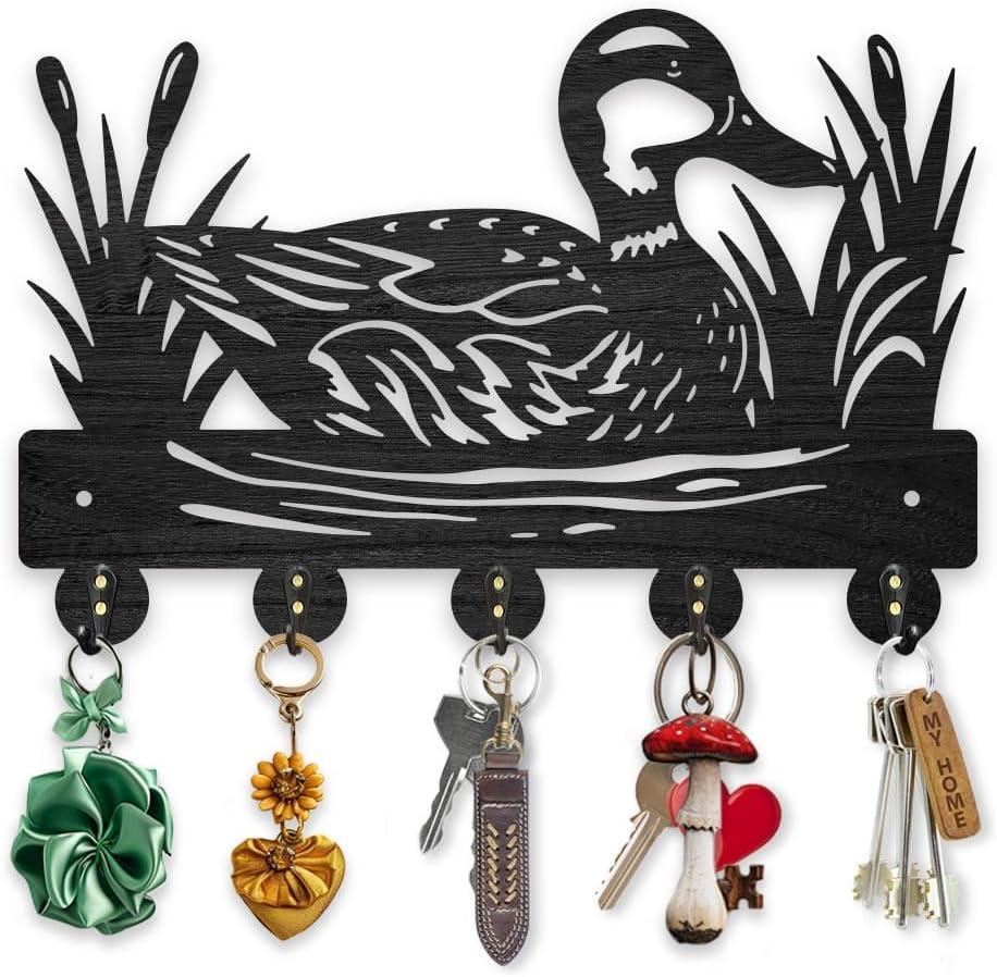 MAYJOYDIY Wooden Wild Duck Reed Coat Hooks Mallard Duck Reeds Key Holder for Wall 11.87.9inch Decorative Gift Lake Wall Key Rack Organizer 5 Alloy Hooks for Farm Kitchen Entryway Office