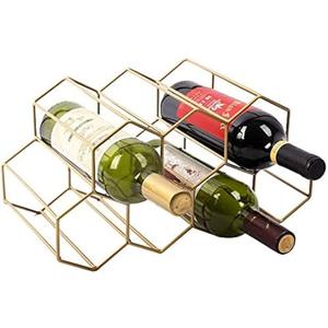 Urban Deco Small Gold Wine Rack 9 Bottle Holder Countertop - No Need Assembly Modern Metal Wire Wine Storage for Counter Top Table Top Coffee Bar Kitchen