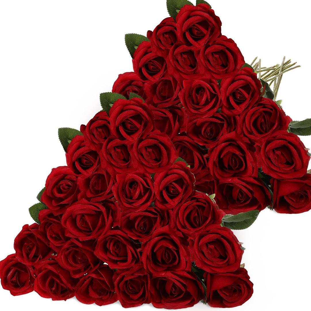 Hotop 40 Pcs Rose Artificial Flowers Bulk with Long Stem,Realistic Silk Fake Roses Bouquet for Home Wedding Centerpieces Party Table Decoration Valentines Gifts(Wine Red)