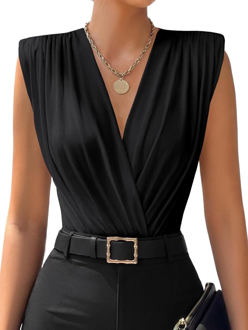 LYANER Women's Wraped V Neck Ruched Sleeveless Tank Leotard Bodysuit Top (Black)