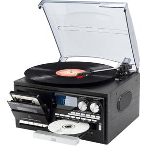 9 in 1 Vintage Bluetooth Record Player with Built-in Stereo Speakers, 3-Speed Turntable, AM/FM Radio, CD & Cassette Player, USB/SD Playback, Remote Control, Aux in, RCA Out & Headphone Jack