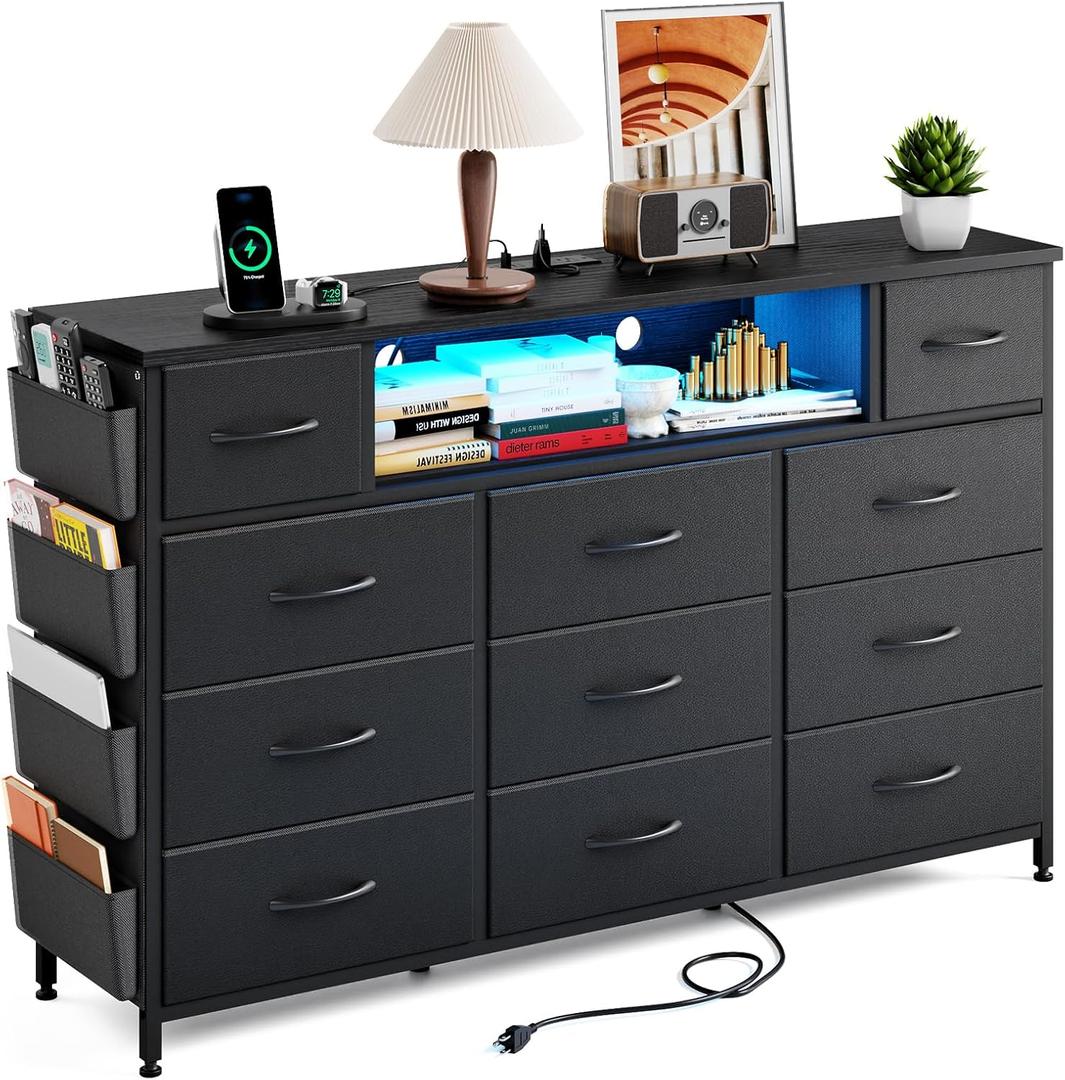 Fixwal Long Dresser for Bedroom with Charging Station and LED Lights, Black Dresser TV Stand with 11 Drawers, Fabric Chest of Drawers with PU Finish for Bedroom, Living Room, Entryway