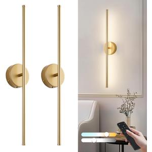 Removable Battery Operated Wall Sconces with Remote Control 350Rotate LED Wireless Wall Lights with 3 Color Temperatures & Dimming for Bedroom, Hallway,28.3 Inch (2 Pack) (Gold)