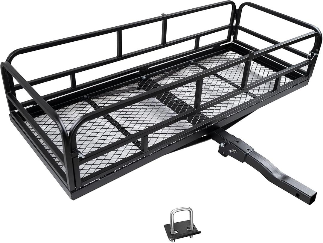 fouwick 60" x 24" x 13" Hitch Cargo Carrier, 600 Lbs Heavy Duty Folding Luggage Rack for SUV & Truck, Steel Mesh Cargo Carrier Hitch Mount Fits 2" Receiver, Powder Coated Vehicle Cargo Basket