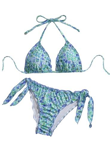 COZYEASE Women's 2 Piece Bikini Sets Floral Boho Halter Triangle Bathing Suit Tie Side Cheeky Swimsuits (Blue Green, X-Small)