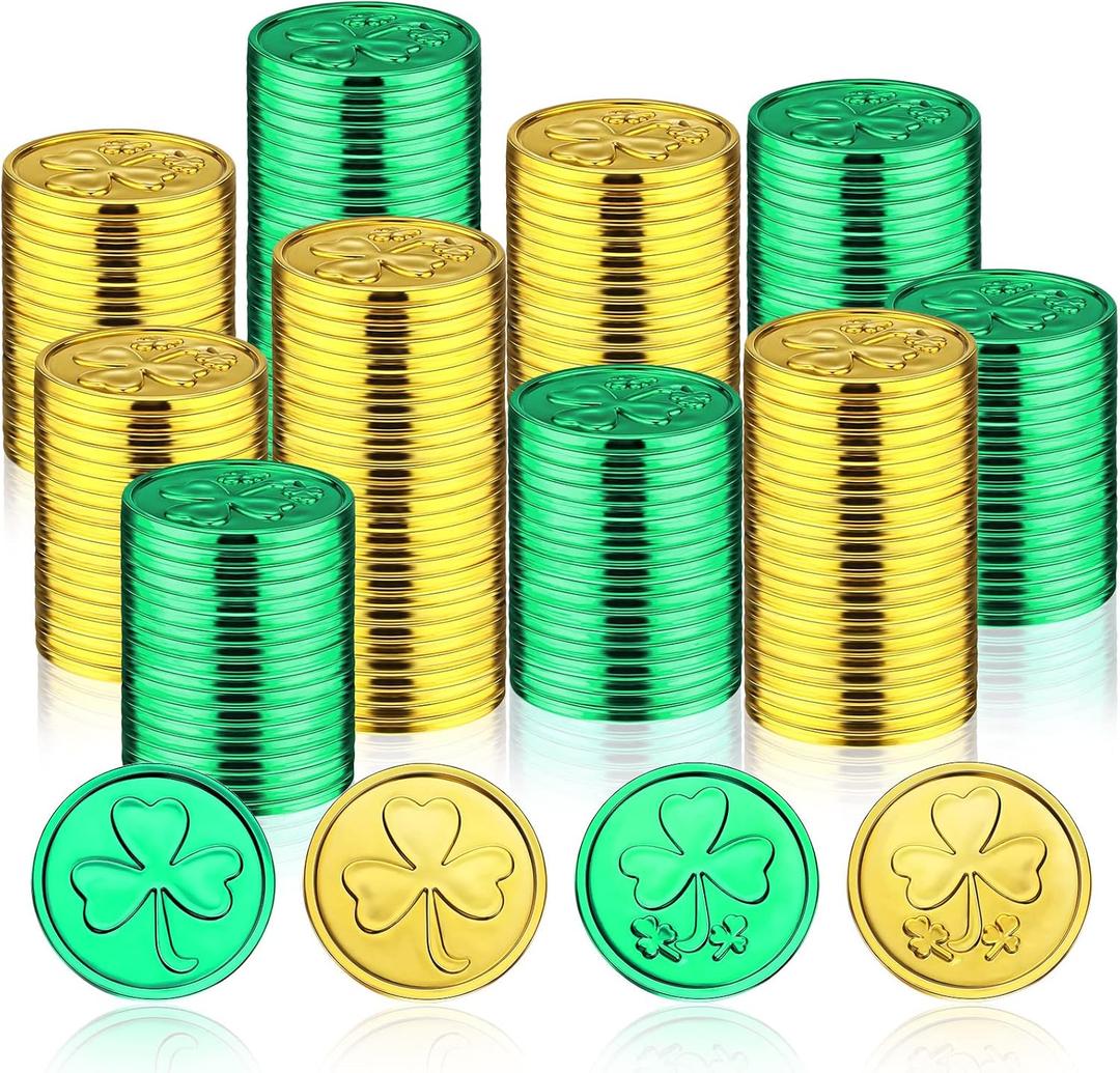 Hanaive 800 Pcs St. Patrick's Day Gold Coins Mardi Gras Coins Gold Green Lucky Coins Plastic Shamrock Leprechaun Coins for St. Patrick's Day Irish Themed Party Decoration Favors