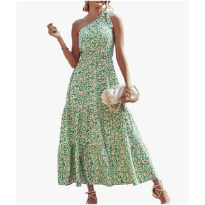 PRETTYGARDEN Women's Summer Floral One Shoulder Maxi Dress Knot Ruffle Boho Beach Vacation Wedding Guest Long Dresses Size S