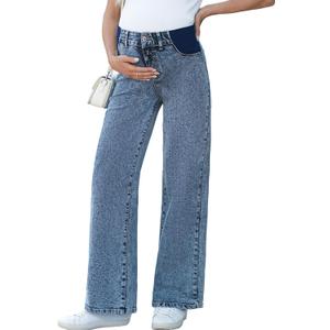 BLENCOT Maternity Jeans for Women High Waist Straight Leg Pregnancy Denim Pants with Pockets (Beige, L)