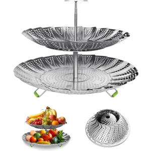 Double Layer Steamer Basket for Cooking - Large Capacity 2-in-1 Stainless Steel Vegetable Steamers, Expandable 5.4-11 Inches Adjustable Steamer Insert for Pots/Instant Pot, Dual Layer Steamers for Baby Food/Seafood/Dumplings