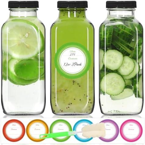 STARSIDE 12 oz 3 Pack Glass Juice Bottles with Lids - Square Reusable Drinking Jars for Juicing, Milk, Kombucha - Includes 1 Bottle Brush, 6 Colored Labels