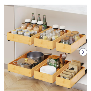RESENSTORE 3 Pack Bamboo Pull Out Cabinet Organizer,Slide Out Drawers for Kitchen Cabinets,Fixed with Nano Adhesive Film Multifunctional Drawer Organizers For Pantry Bathroom Bedroom