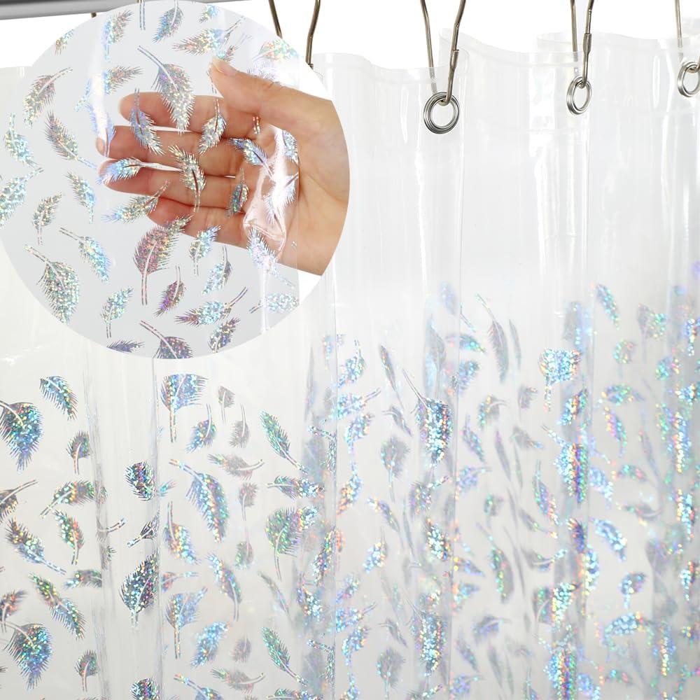 Holographic 3D EVA Shower Curtain Liner Glitter Feather, 72x72 Premium Clear Plastic Bathroom Shower Curtain with Rustproof Metal Grommets for Shower Stall, Bathtubs