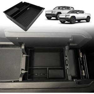 BestEvMod Center Console Organizer Tray Compatible with 2022-2025 2026 Rivian R1T/R1S Removable Coin Holder Armrest Storage Box ABS Material with PVC Trim Accessories (V3 Black)