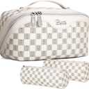 BOYATU Travel Makeup Bag Cosmetic Bags for Women: 3 Pcs Set Portable Make up Bag with Handle - Vegan Leather Toiletry Bags with Compartments - Makeup Organizer for Travel Essentials(02-Beige)