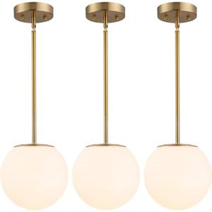 Modern Globe Pendant Light Mid Century Opal Glass Hanging Light Fixture Gold Finish, 3-Light Glass Pendant Lighting for Kitchen Island Dining Room Bedroom Hallway and Bathroom