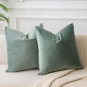 JUSPURBET Sage Velvet Throw Pillow Covers 18x18 inch Set of 2 for Living Room Couch Sofa Bedroom Decorative Square Solid Soft Cushion Cases with Invisible Zipper