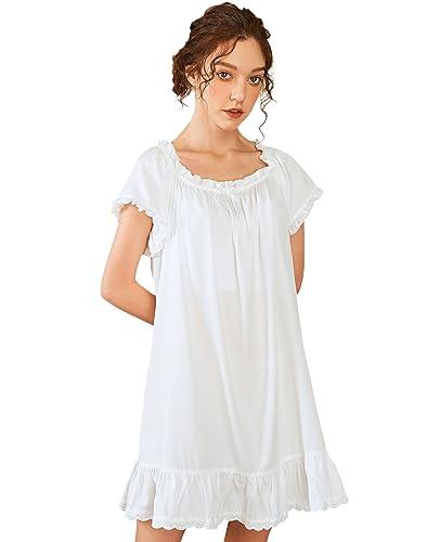 Nanxson Womens' Cotton Nightgown Short Sleeve Sleepwear Vintage Victorian Nightshirt Lounge Dress (Small, White)