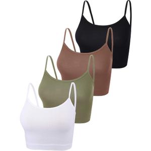 4 Pack Cropped Tank Tops for Women, Spaghetti Strap Crop Top Basic Sports Crop Cami Half Camisoles for Teen Girls (Black, Coffee, Green, White, L)
