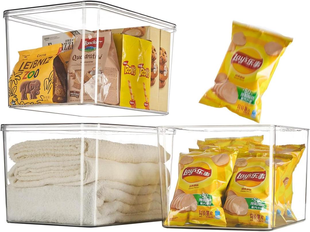 Clear plastic storage bins with LIDS-3packs,storage containers for snacks, cosmetics, books, dog food, Storage Organizer for NurseryKitchen, Living room,Bedroom, Bathroom, Office (3XL)