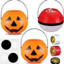 9 Pcs Halloween Cartoon Themed Red and White Treat Bucket DIY Set 2 Plastic Pumpkin Bucket 3 Roll Tapes and 4 Round Stickers Cartoon Themed Ball Buckets with Handles for Candy Gifts