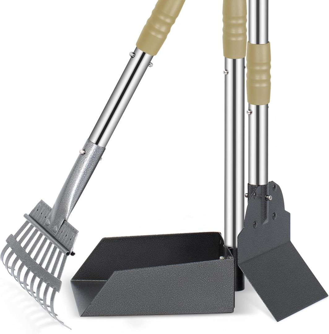 Heeyoo Dog Pooper Scooper, Dog Poop Tray and Rake Set, Pet Waste Removal Scoop with Long Adjustable Sectional Stainless Handles (Silver/Champagne)
